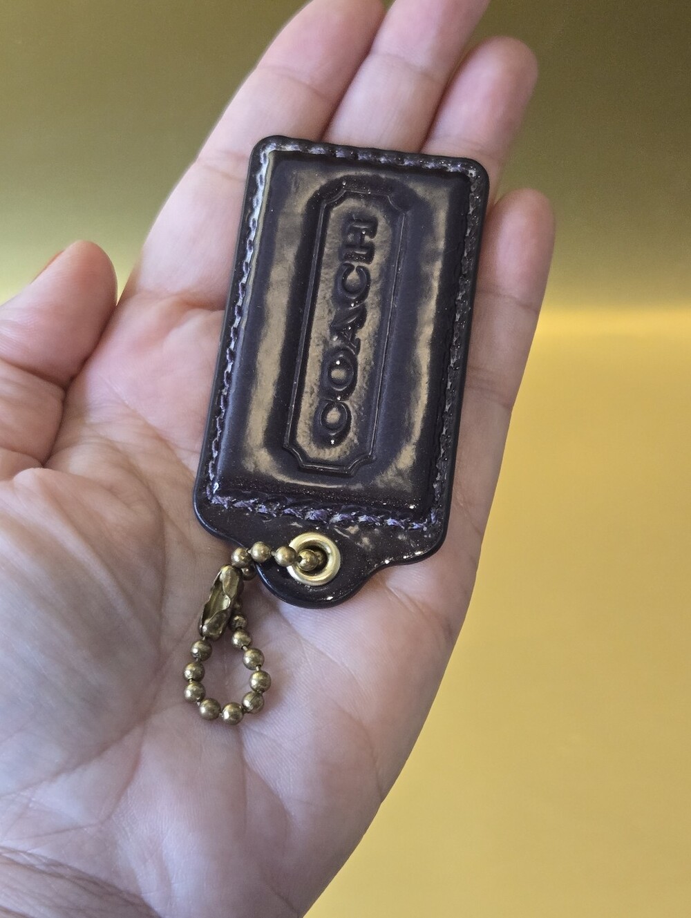 Coach Oversized Aubergine Purple Shimmer Patent Leather Hangtag Charm Brass Chai